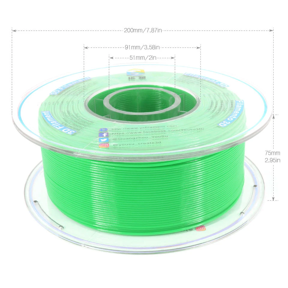 Factory ISO9001 Verified High Quality High Toughness 3D Printer ABS Filament 1.75mm 2.85mm 3D Printers Filament Fdm 3D Printing Material 1kg Green
