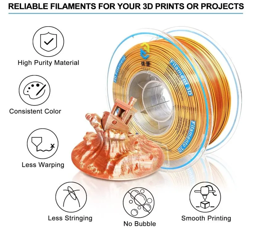 Popular New Tri-Color Gold/Silver/Red Copper Silk PLA 3D Printers 3D Pens Filament Silk 3D Printing Material Tangle Free Easy-Use DIY 3D Printing Filament